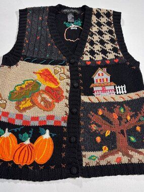 VTG 90s Knitted Fall Theme Sweater Vest Large Pumpkin Leaves Halloween